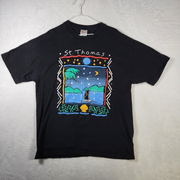 Vtg St Thomas T-Shirt XL Hanes Heavyweight Island Art Graphic USA Caribbean 90s - Picture 1 of 8